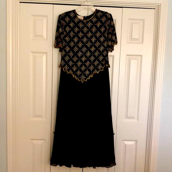 Vintage Beaded Black and Gold Formal Dress - Picture 1 of 16